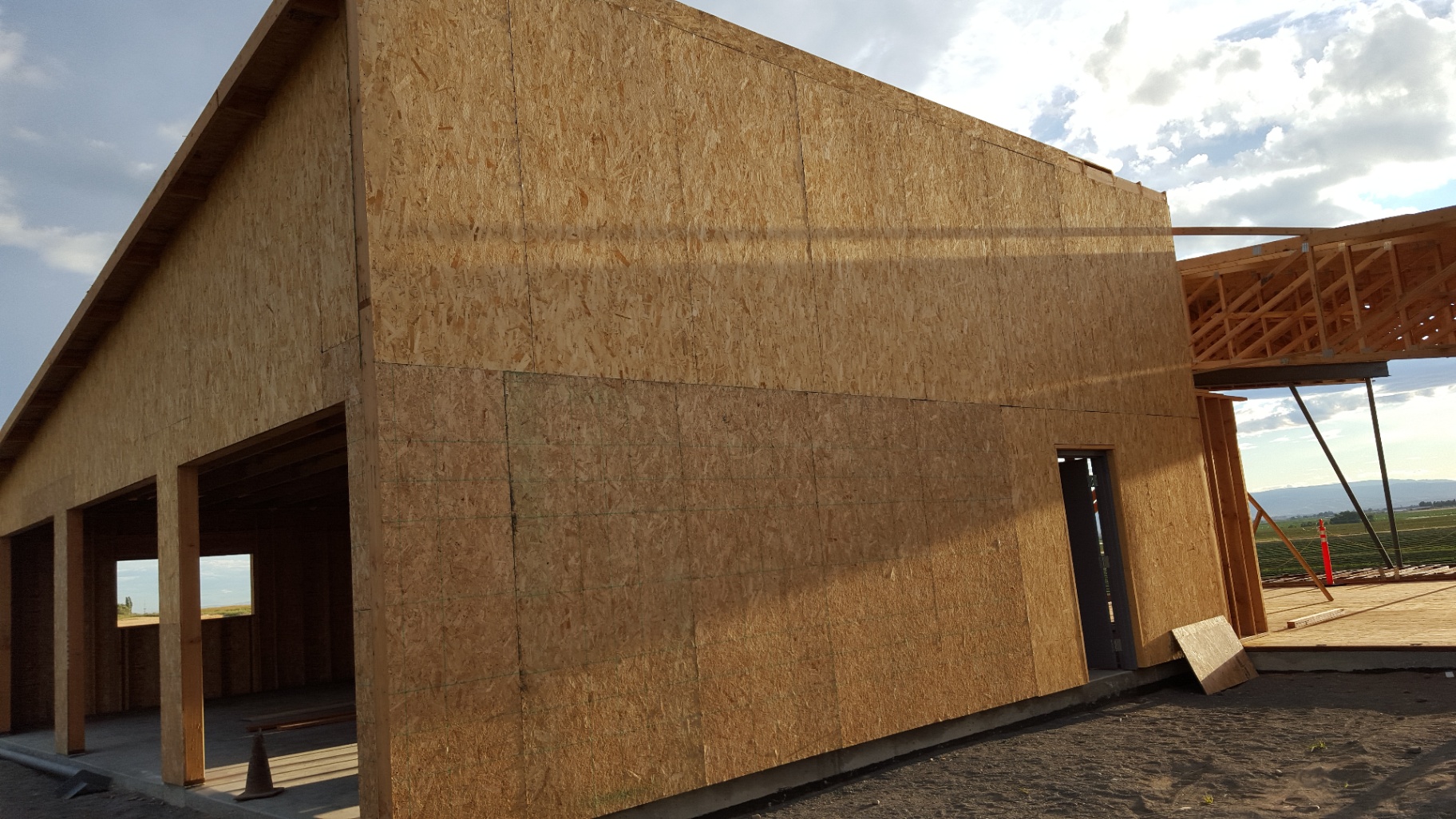 OSB-sheathed gable end on commercial wood-frame build